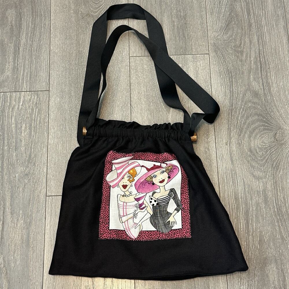 Handmade Ladies Tea Cocktail Handbag Black Cotton Gathered Purse Shoulder Bag